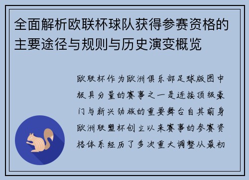 全面解析欧联杯球队获得参赛资格的主要途径与规则与历史演变概览